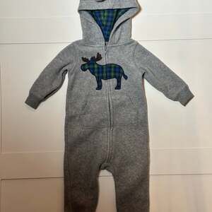 Carter's Baby Gray Moose Hooded Zip-Up Fleece Jumpsuit Size 9M